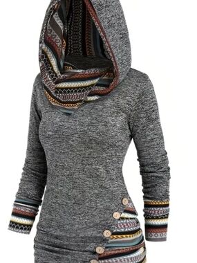 Women's Grey Hooded Knit Pullover with Geometric Patterned Trim